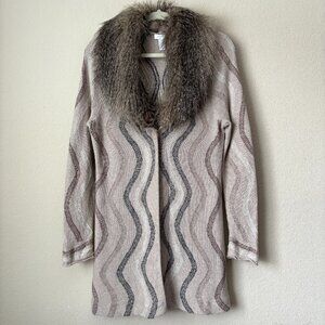 Chico's Wool Blend Cozy Faux Fur Collar Longline Cardigan Sweater